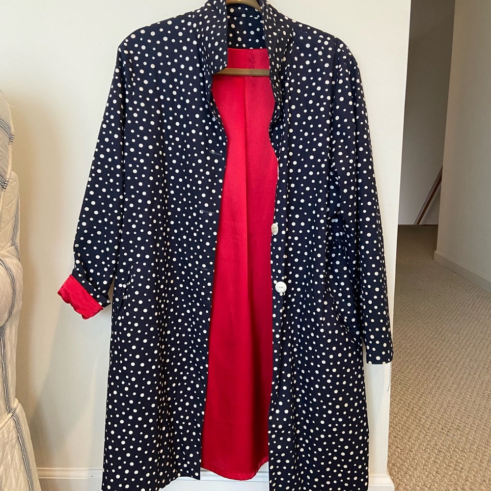 Navy Blue Polka Dot Button-Up Coat - Size 4 - Trench - Red Satin Lining